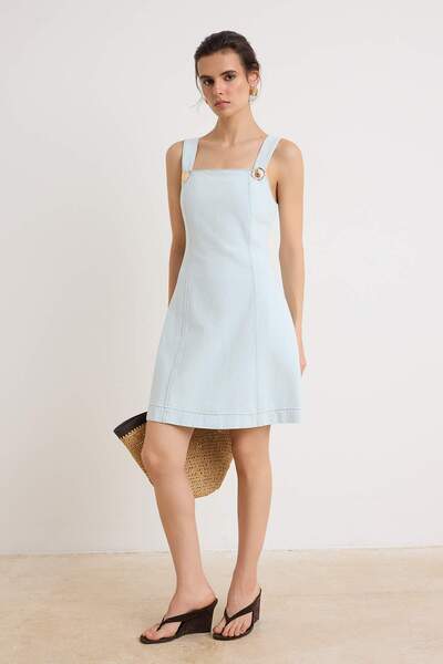 Trendyol Collection Blue Strap Mini Denim Dress with Accessory Detail Twoss26...