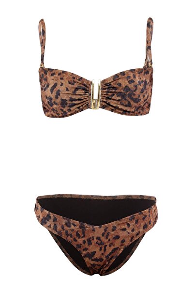 Trendyol Collection Set bikini cu sclipici, fără bretele, cu model leopard și...