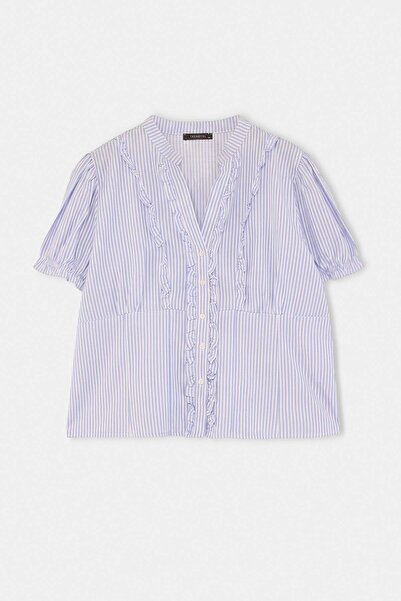Trendyol Curve Blue Striped Lightweight Waist-Fitted Plus Size Shirt Tbbss26A...