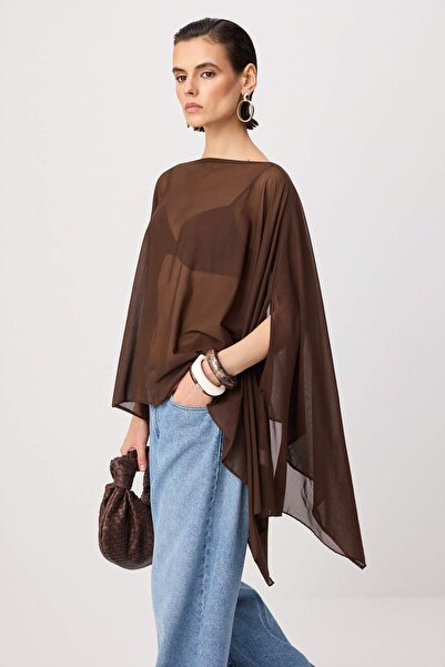 Trendyol Collection Brown Regular Fit Cape Tulle Stretchy Knitted Blouse Twos...