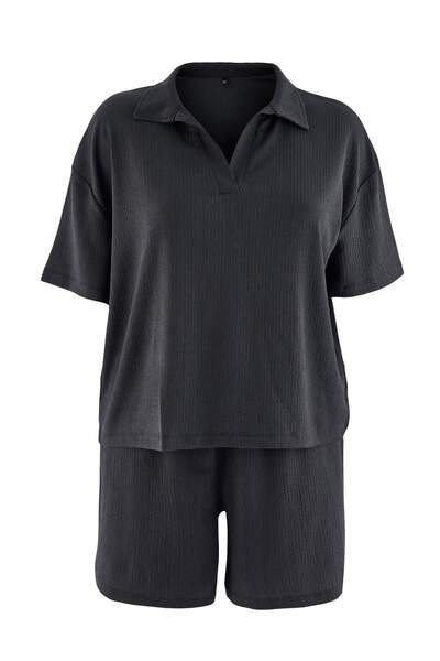Trendyol Curve Set de top și pantaloni tricotați cu guler polo, antracit, măr...