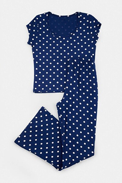 Trendyol Collection Navy Blue Polka Dot Viscose Knitted Pajamas Set Thmaw27Pt...