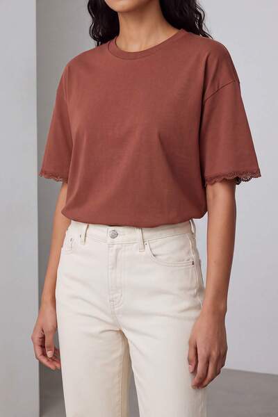 Trendyol Collection Brown Plain Boxy Crew Neck Low Sleeve Short 100% Cotton K...