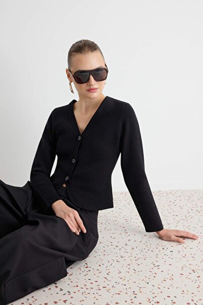 Trendyol Collection Black Waist Accent V-Neck Premium/Special Yarn Knitwear C...