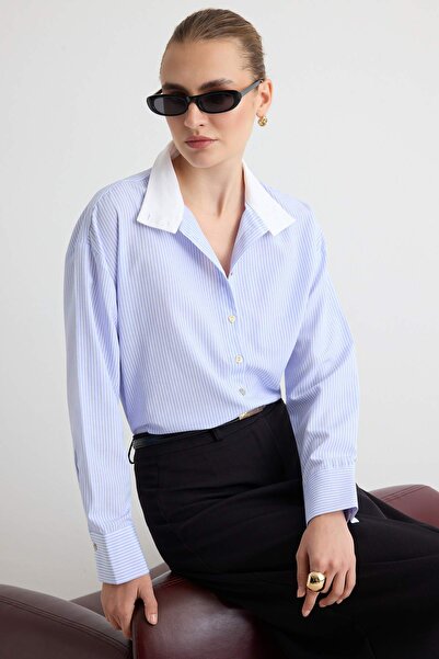 Trendyol Collection Blue Striped Contrast Color High-Neck Shirt Twoaw27Go00010