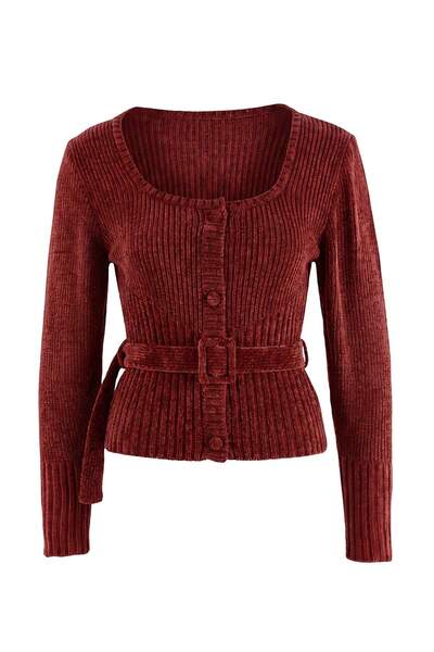 Trendyol Collection Burgundy Special Yarn Chenille Belt Detailed Knitwear Swe...