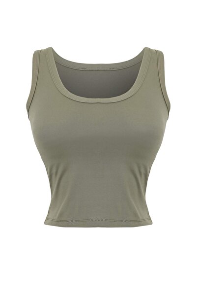 Trendyol Collection بلوزة رياضية محبوكة من القماش الناعم باللون الكاكي THMSS2...