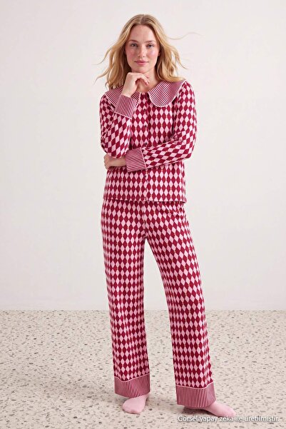Trendyol Collection Plum Baklava and Line Patterned Viscose Woven Pajama Set ...