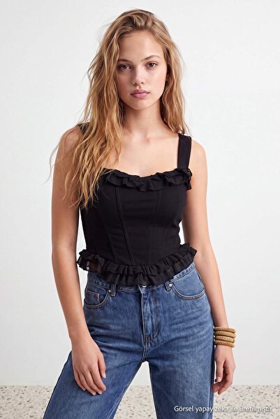 Trendyol Collection Bustieră neagră cu volane și detalii peplum pentru petrec...