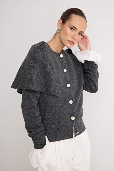 Trendyol Collection Anthracite Knitwear Cape Detailed Cardigan Twoaw27Hi00076