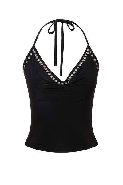 Trendyol Collection Black Plain Degaje Collar Sleeveless Knitted Nancy Blouse...