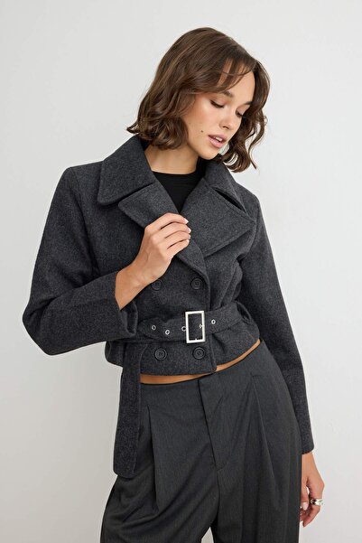 Trendyol Collection Anthracite Wool Belted Oversize Double-Breasted Short Cas...