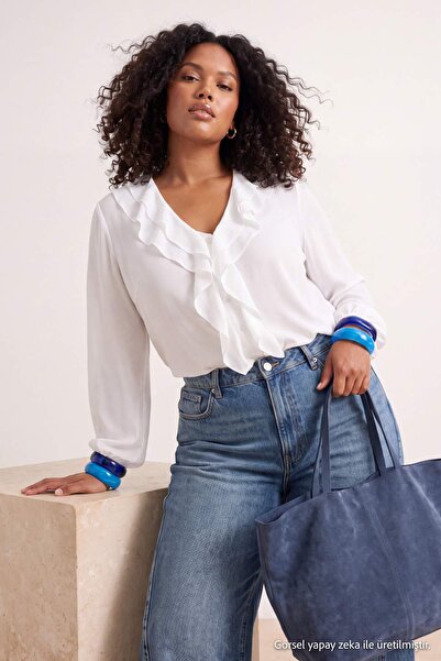 Trendyol Curve Ecru Chiffon Transparent Ruffle Detailed Woven Plus Size Blous...