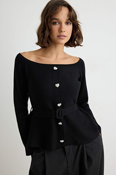 Trendyol Collection Black Carmen Collar Waist and Belt Detailed Bodycon Knitw...