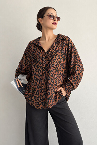 İLKCET MODA Oversize Γυναικείο Πουκάμισο - Λεοπάρ μοτίβο