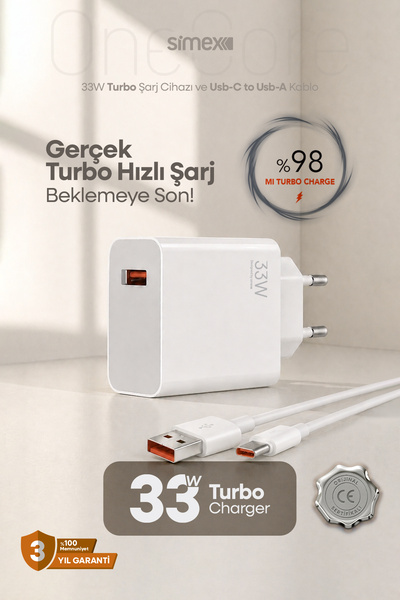 Simex Xiaomi, Redmi, Poco, Uyumlu 33 Watt Hızlı Turbo Şarj Seti CE Belgeli SP...