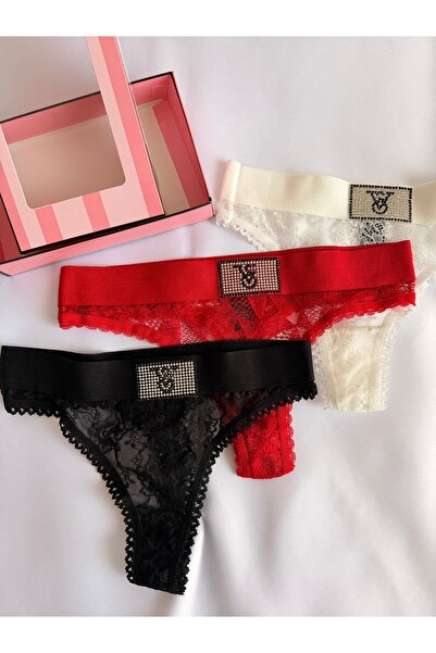 NO BRAND Dantelli Şık Taş Tasarımlı Kadın Tanga Külot Takımı 3'lü Set (Kutulu...