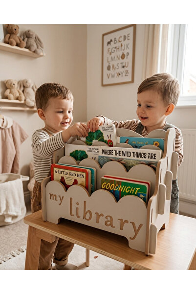 MONTETOYS Montessori Ahşap Çocuk Kitaplık Gri Eğitici ve Dekoratif Tasarım My...