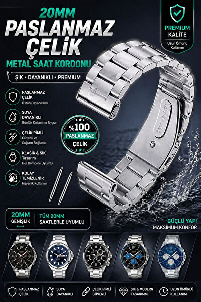 onlinekordon ⌚ 20mm Gümüş Renk Paslanmaz Çelik Saat Kordonu | Darbelere Dayan...