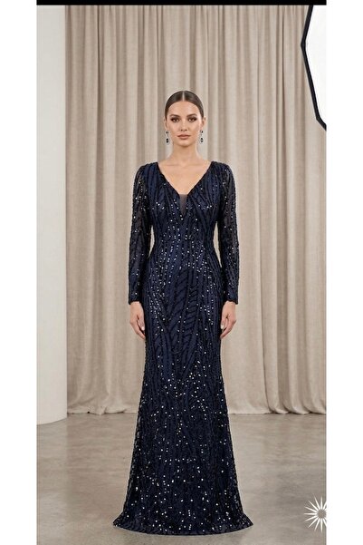 NOVERA DRESS Lacivert Kadın Büyük Beden Dantel Üzerine Payetli Kumaş Uzun Kol...