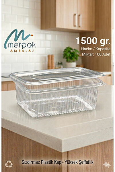 Merpak Ambalaj Plastik Saklama Kabı 1500 gr 100'lü Kapaklı Sızdırmaz Kap Şeffaf Kullan At Kase