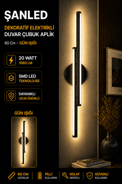 ŞANLED Dekoratif 20W İç Mekan Siyah Kasa Gün Işığı 60 cm Duvar Aplik PİLLİ 1 ...