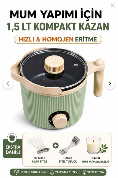 TOAUTO Mum Eritme Kazanı 1,5 Lt – Soya & Parafin Uyumlu – Hobi ve Profesyonel...