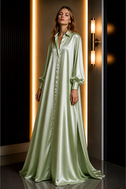 UNTIMELY A-Form/Oversize Fit Maxi Mint Satin Shirt Dress with Side Slit Detail