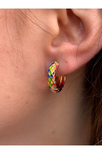 ByMerve Bym181 Multi-Colored Enamel Gold Hoop Earrings with Steel Clicks, Daily Stylish Model