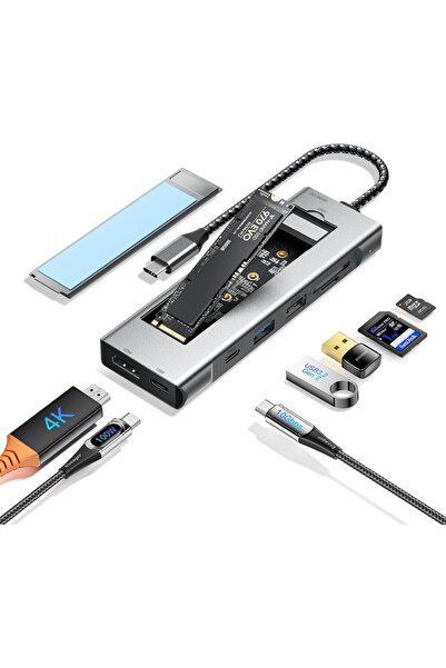 DESFREE 8 İN 1 USB-C HUB M.2 NVME/SATA SSD DİSK KUTUSU ÇOKLAYICI 10GBPS, 4K H...