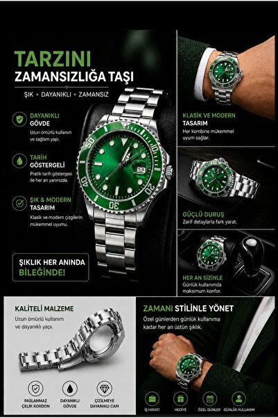 Love The Wind Sports Men's Wristwatch with Calendar - Silver&Green