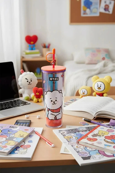 Miniso BT21 Lisanslı Holografik Tasarımlı Çift Cidarlı Pipetli Şişe RJ 800 ml