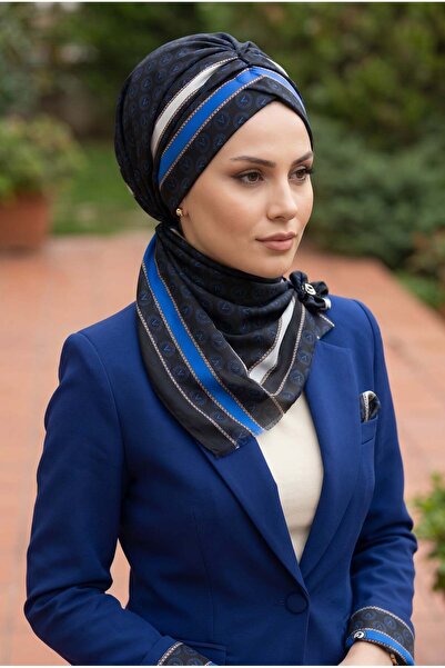 Vissona %100 İpek Monogram Desenli Siyah - Saks Renkli 92x210 Şal