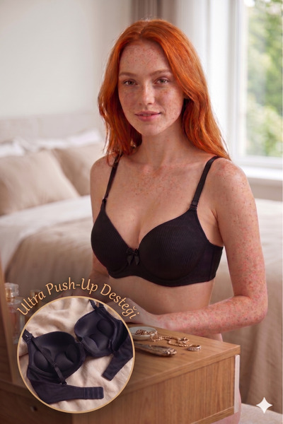 Lavint Homewear Siyah Ultra Push-Up Çizgili Destekli Balenli Slikonlu Sütyen