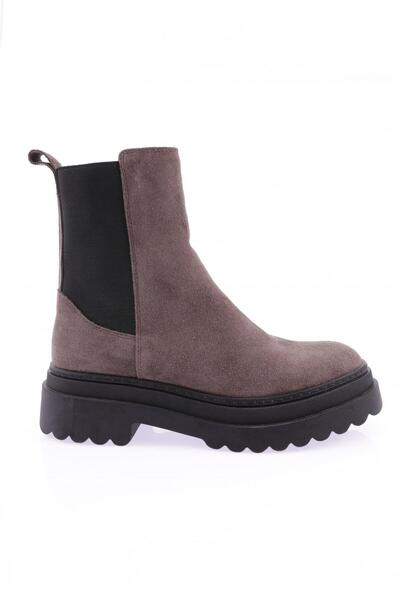 DGN Women's Thick Sole Stretch Detailed Boots Taupe Suede Genuine Leather 456...