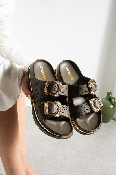 İmerShoes Daily Women's Slipper Pair Buckled Gold Detailed Patterned Comforta...