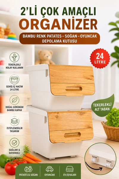 nextbuy 24 LT Bambu Renk Organizer Çok Amaçlı Kutu Tekerlekli Patates Sebze S...