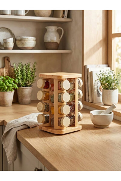 leelaHOME Set of 12 Wooden Patterned Square Spice Rack with Rotating Stand 14...