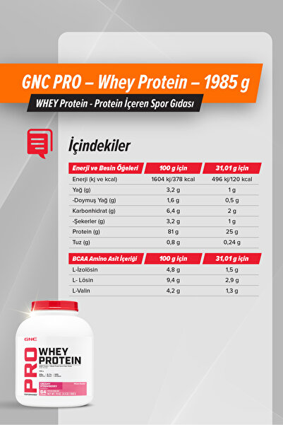 GNC PRO – Whey Protein – 1985 g (64 servis) - Çilek Aromalı