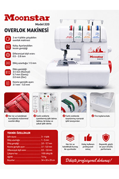 dm dikişmarket Moonstar Overlok Model 320 Dikiş Makinesi 3-4 Iplik