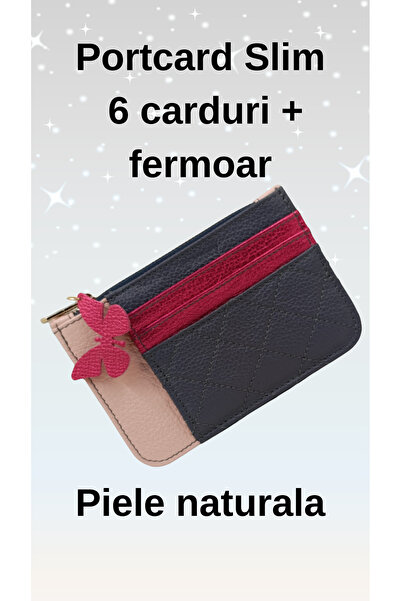 OEM Portcard slim piele naturală cu fermoar,6 carduri,compartiment buletin po...