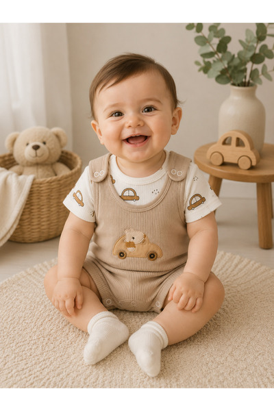 Summer Car Embroidered Baby Boy Jumpsuit Set - 3-Piece Outfit Combination (Jumpsuit + Bodysuit + Socks) |