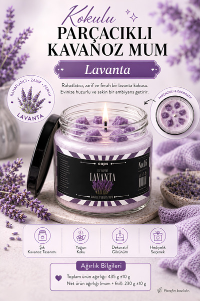 caps Lavanta Kokulu & Parçacıklı Cam Kavanoz Mum – Şık Görünüm, Güçlü Koku Ya...