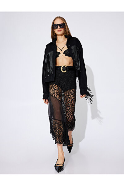 Koton Leopard Patterned Midi Length Asymmetrical Transparent Lace Skirt