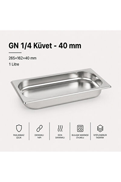 Natsan Paslanmaz Çelik Gastronom/gastronorm Küvet Gn 1/4-40 (26,5 X 16,2 X 4 CM)