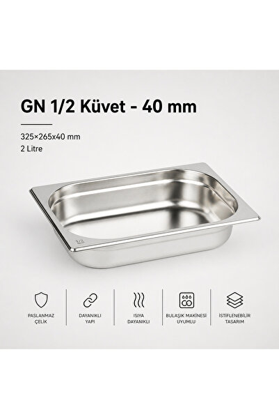 Natsan Paslanmaz Çelik Gastronom/gastronorm Küvet Gn 1/2-40 (32,5 X 26,5 X 4 CM)