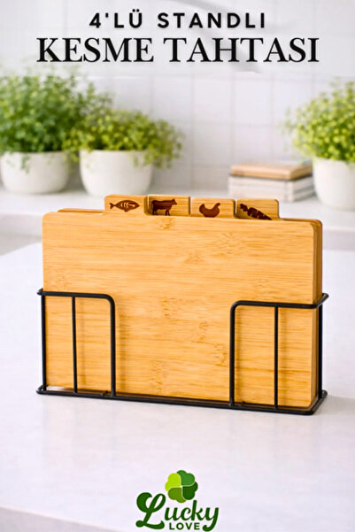 Lucky Love Lüks Bambu Metal Standlı 4'lü Kesme Tahtası Seti Naturel ( 20x30x5...