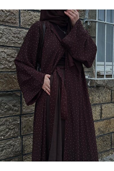 Şakika Kahverengi Shine Taşlı Abaya Ferace & Şal - Standart Beden & Farklı Bo...