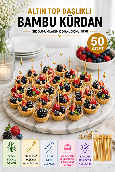 TOYFEST 50’li Altın Top Başlıklı 12 cm Bambu Kürdan Seti – Kokteyl, Tatlı ve ...