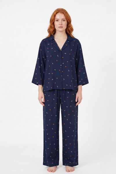 Laperissa Navy Blue Viscose Woven Pajama Set with Ribbon/Bow and Flowers